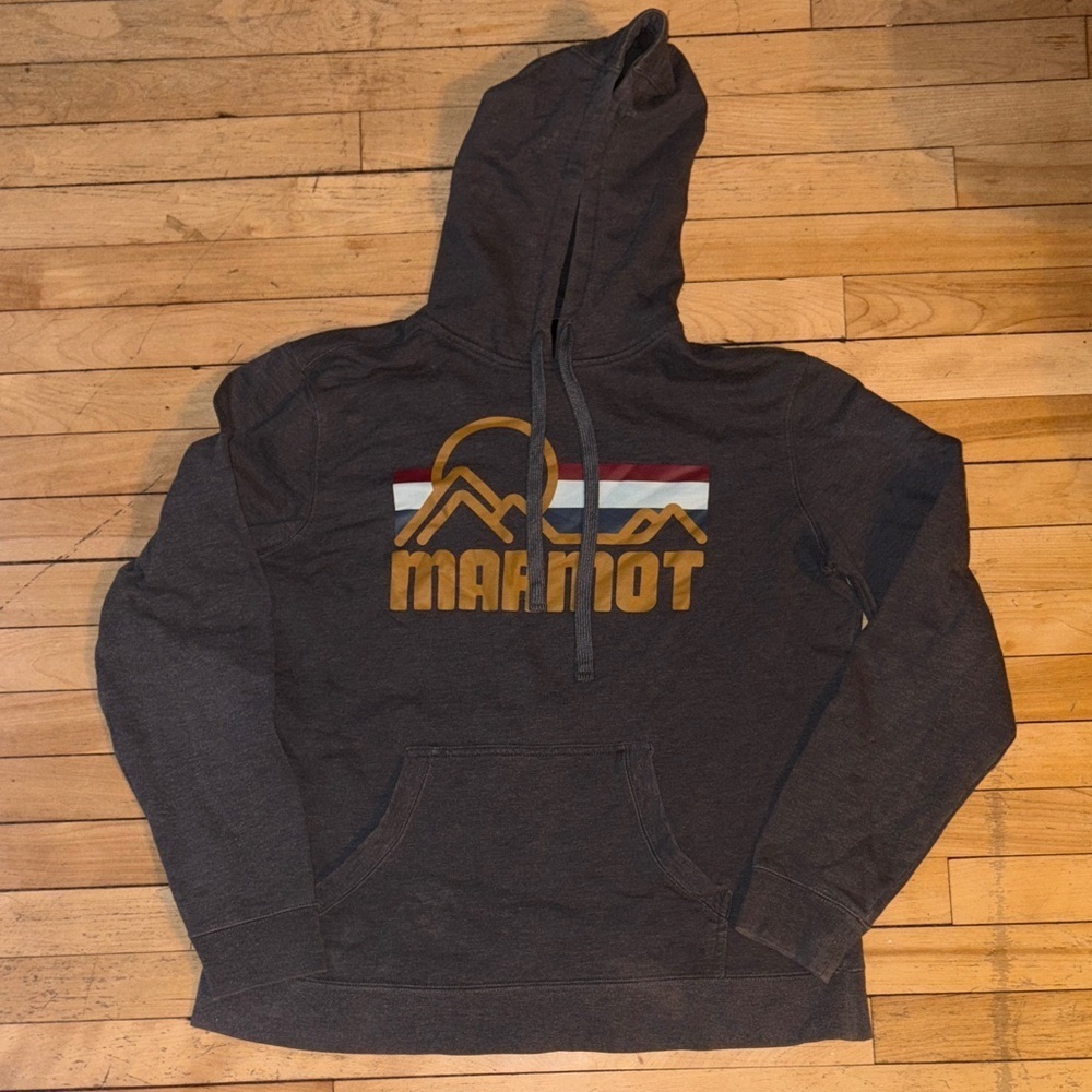 Marmot Men's Charcoal Hoodie with Logo drawstring with front pocket size large